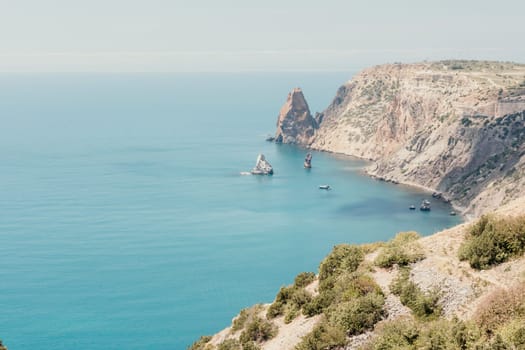 Aerial panoramic view of beautiful sunset above sea. Beautiful seascape. Sun glare, small waves on the water surface. Evening. Horizon. Nobody. No people. Copy space. Never-ending beauty of nature