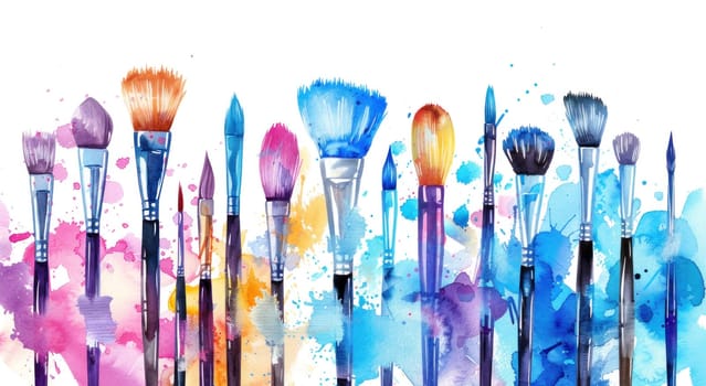 Watercolor brushes with colorful paint splatters on white background, art supplies for creative illustrations and paintings