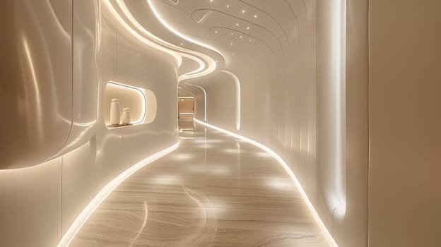 A long, narrow hallway with white walls and shelves. The hallway is lit by a series of lights, creating a bright and open atmosphere