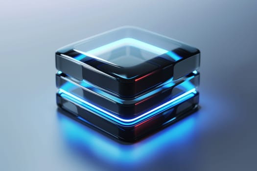 A cube with a blue light shining on it. The cube is surrounded by other cubes, creating a futuristic and technological atmosphere