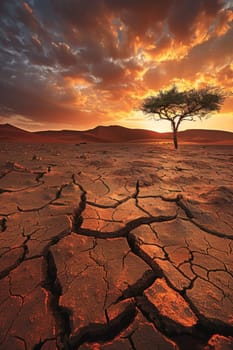 Lonely tree in the desert landscape at sunset with cracked earth and dramatic sky