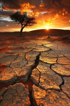 Lonely tree in arid landscape at sunset; journey through the desert beauty of nature and isolation