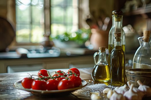 Pasta recipe preparation ingredients, spaghetti, olive oil, garlic, tomatoes and spices in the kitchen, homemade food recipe idea