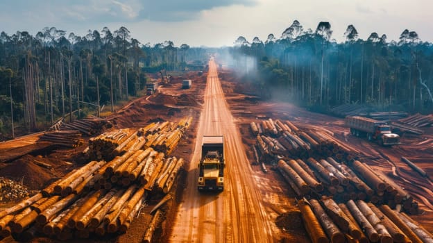 Trucks driving down forest road with stacked logs in a scenic nature journey through the wilderness