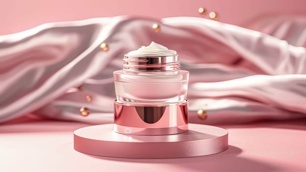 Cosmetic cream in a glass jar on a pink background. Skin care concept. Backdrop for beauty products