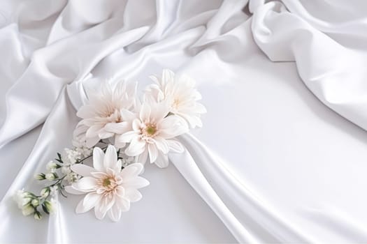 Floral composition. White flowers on white fabric. Flat lay, top view, copy space.