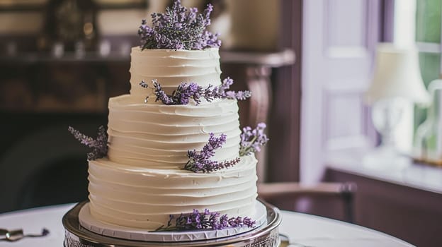 Wedding cake with lavender flowers. Festive table decoration.