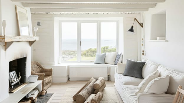 Interior of a living room with white walls, sofa and cushions. Sitting room in coastal cottage with sea view. Luxury lounge room