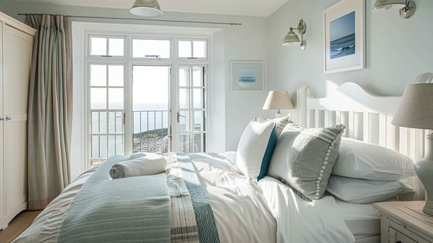 Beautiful interior of luxury bedroom with window sea view. Coastal cottage concept. High quality photo