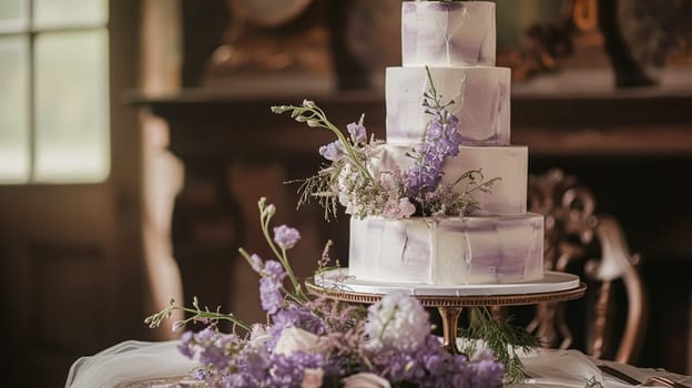 Wedding cake with lavender flowers. Festive table decoration.