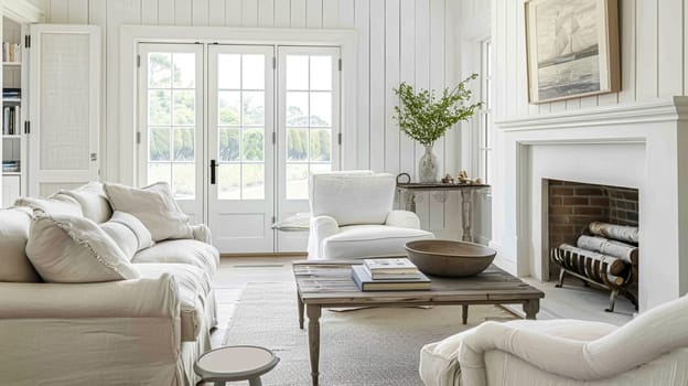 Interior of a living room with white walls, sofa and cushions. Sitting room in coastal cottage with sea view. Luxury lounge room