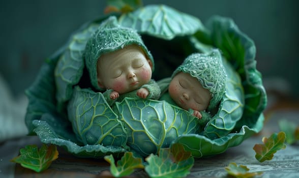 3D cartoon, a child in a head of cabbage. Selective focus.