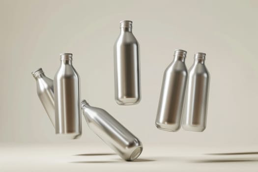 Silver bottles are shown in the air, with the tops of the bottles visible. The bottles are all the same size and shape, and they appear to be floating in the air