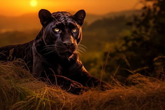 Black panther resting on field and staring. Sunset. Generated AI.