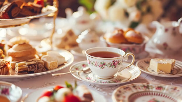 Elegant table setting for tea party with cakes and cupcakes in English manor. Selective focus. Vintage style