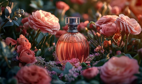 Elegant perfume bottle among flowers in retro style. Selective focus.