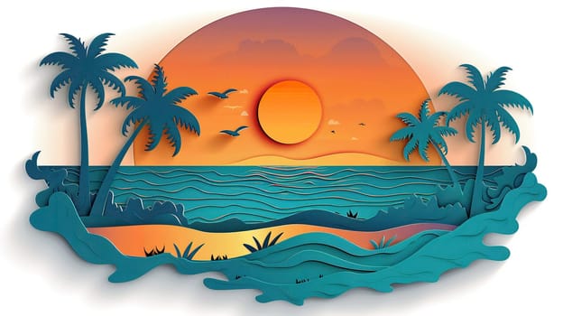 Summer seascape with palm trees and sun in paper cut style