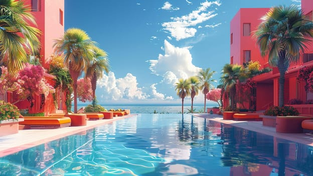 Luxury hotel with swimming pool and sea views. The concept of a summer holiday at a resort.