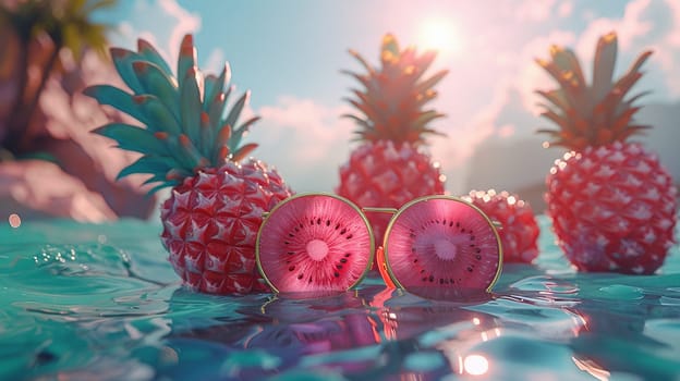 Summer holiday concept. Pineapples, strawberries and sunglasses in pink tones on a blue water surface.