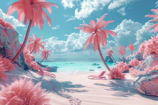 Abstract futuristic fantasy seascape with blue water and pink palm trees. Summer landscape.