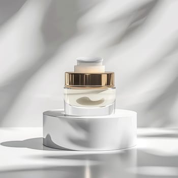 Face cream in a glass jar on a white and gold background. Skin care concept. Backdrop for beauty cosmetic products