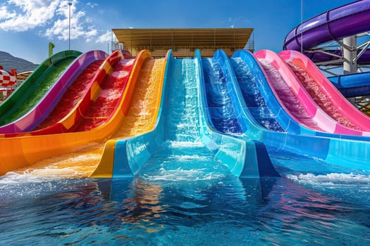 A vibrant water park on site. Fun for the whole family. Summer holiday concept.