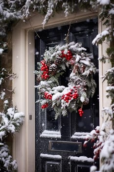 Christmas holiday, country cottage and snowing winter, wreath decoration on a door, Merry Christmas and Happy Holidays wishes, post-processed, generative ai