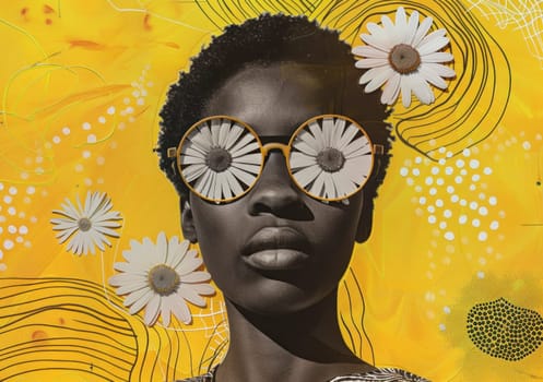 Fashionable woman with sunglasses and floral accents on vibrant yellow and black abstract background