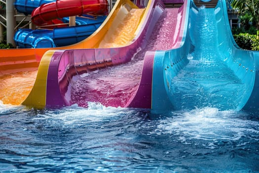 Colorful plastic water slides with a swimming pool in an outdoor water park.