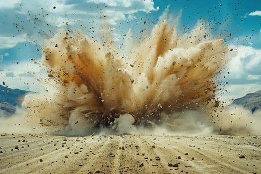 An explosion of sand and dust on the ground on a cloudy day.