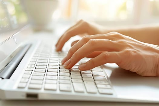 Close-up of female hands with short manicure typing on a white keyboard