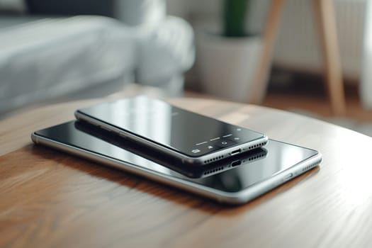 Smartphone lies on the tablet on a wooden table