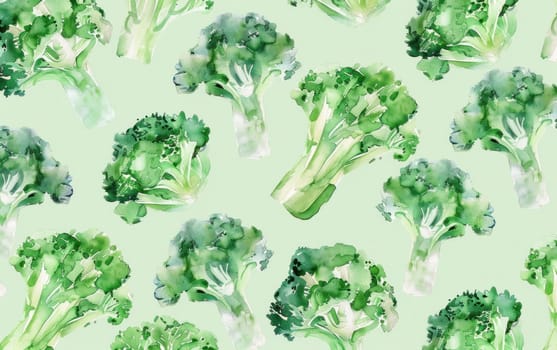 Watercolor seamless pattern of broccoli on green background for healthy lifestyle and nutrition concept