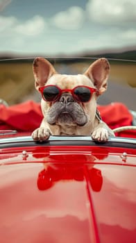 Funny photo of a french Bulldog in a red sports car on a road trip.