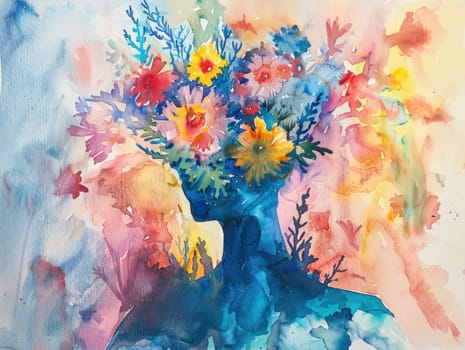 Woman with a bouquet of flowers in her head a watercolor painting of beauty and artistic elegance