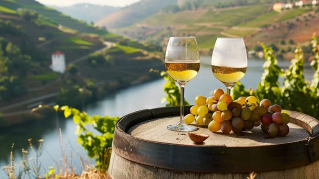 Portuguese white wine glasses with exceptional landscape of douro valley in the background.