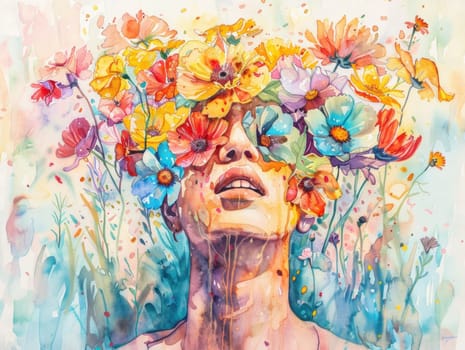 Watercolor painting of a woman adorned with flowers in hair and on face, beauty of nature concept