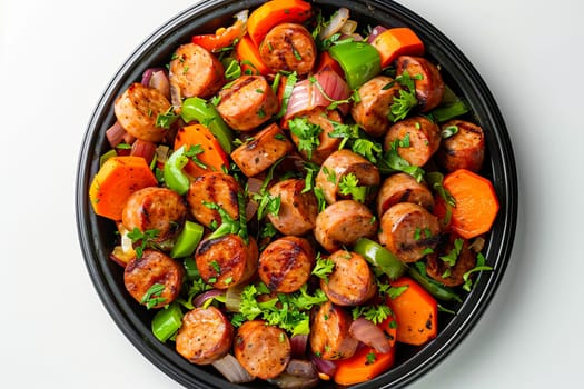 A frying pan with a dish of sliced ​​sausages, sweet potatoes, carrots, sweet peppers and onions. Generated using artificial intelligence.