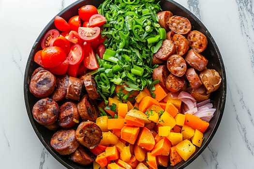 A frying pan with a dish of sliced ​​sausages, sweet potatoes, carrots, sweet peppers and onions. Generated using artificial intelligence.