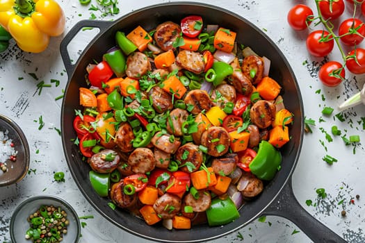 A frying pan with a dish of sliced ​​sausages, sweet potatoes, carrots, sweet peppers and onions. Generated using artificial intelligence.