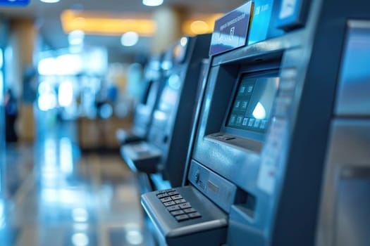 A row of ATMs in a station or airport building.