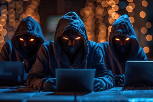 Three hackers in masks and hoods sit at laptops on a dark background.