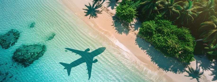 Aerial view of airplane flying over tropical beach and palm trees in the ocean, travel and vacation concept