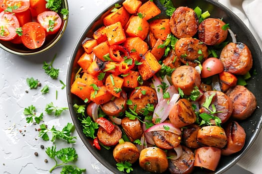 A frying pan with a dish of sliced ​​sausages, sweet potatoes, carrots, sweet peppers and onions. Generated using artificial intelligence.