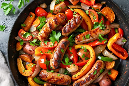 A frying pan with a dish of sliced ​​sausages, sweet potatoes, carrots, sweet peppers and onions. Generated using artificial intelligence.