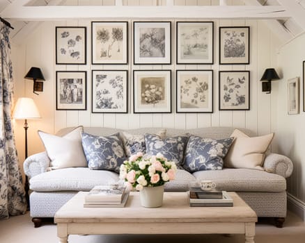 Living room gallery wall, home decor and wall art, framed art in the English country cottage interior, room for diy printable artwork mockup and print shop idea