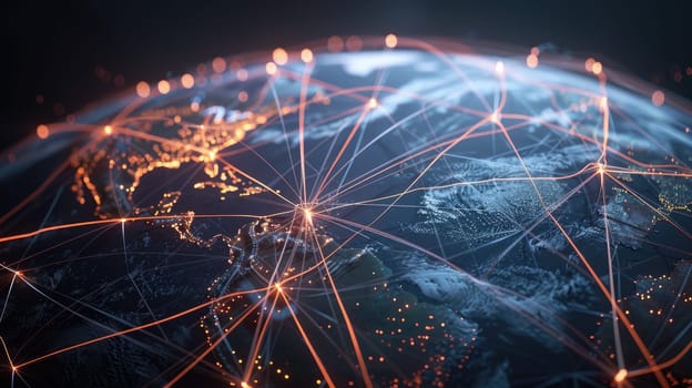 3D illustration of a rotating globe, with intricate networks of glowing lines emanating from major cities