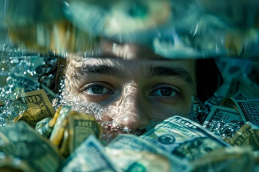 The deep dive into debt. A man submerged under a sea of money, symbolizing the suffocation and drowning effect of debt slavery in todays financially troubled society..