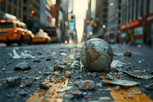 Model of the globe on the destroyed surface of the street. World crisis concept.