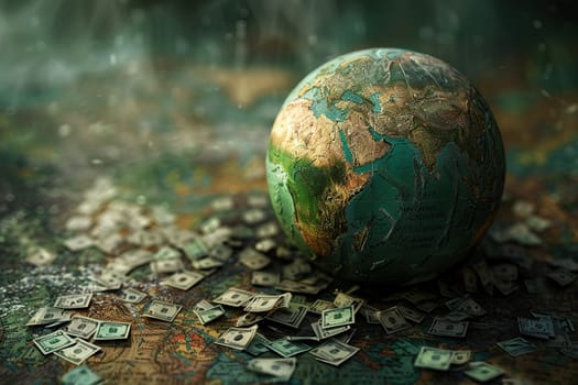 Old globe on many currencies. World economy and world bank concept.